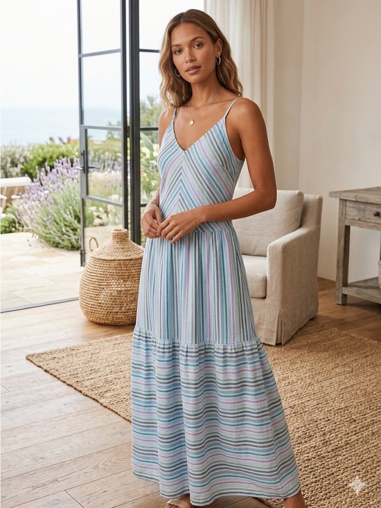 Self Contrast Dresses & Skirts - Self Contrast Striped V-Neck Maxi Dress in Light Blue & Pink Linen/Cotton Size M